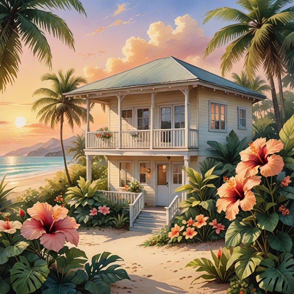 Dreamy Watercolor Beach House Scene