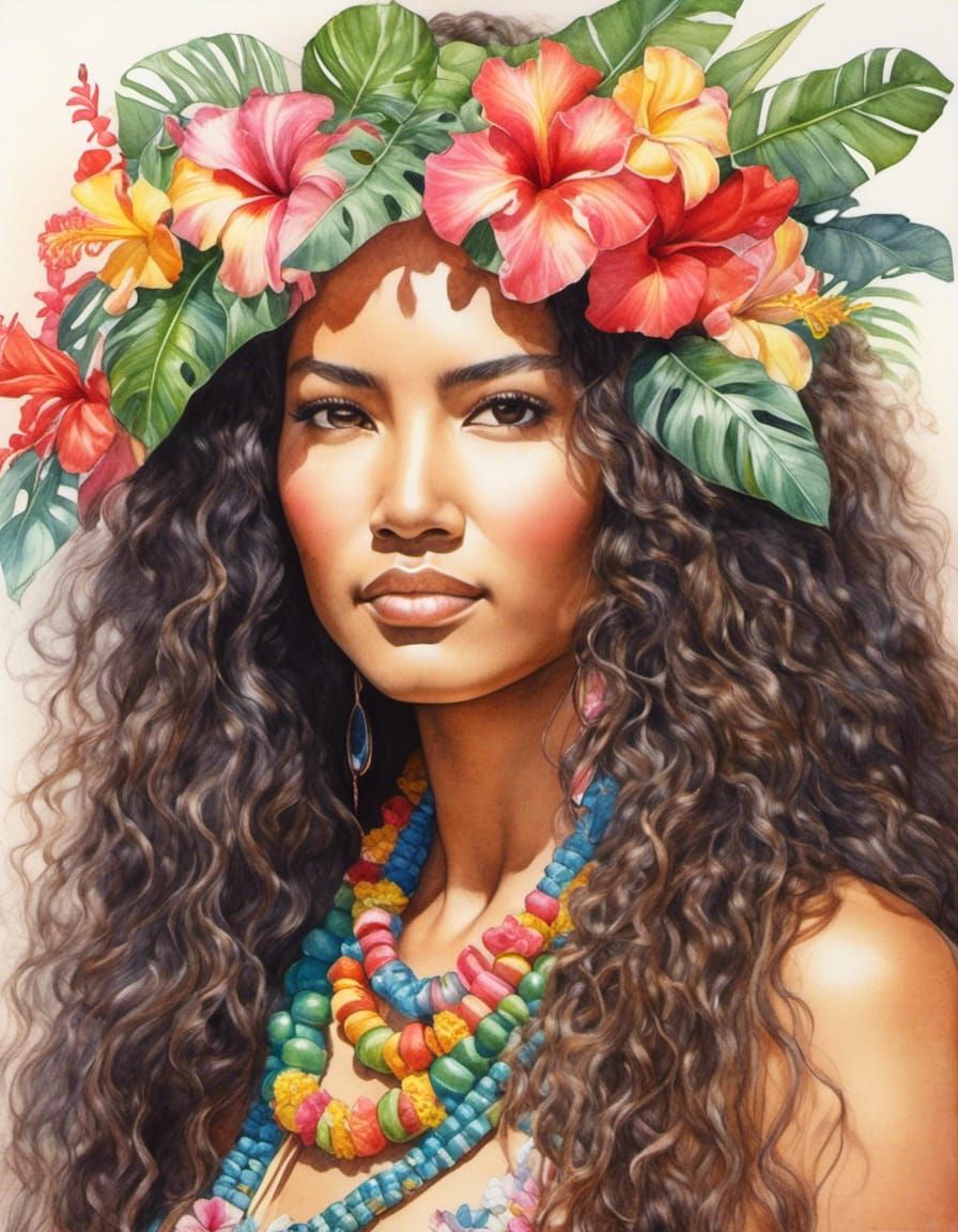 Watercolor Pencil Portrait of Hawaiian Woman with Lei