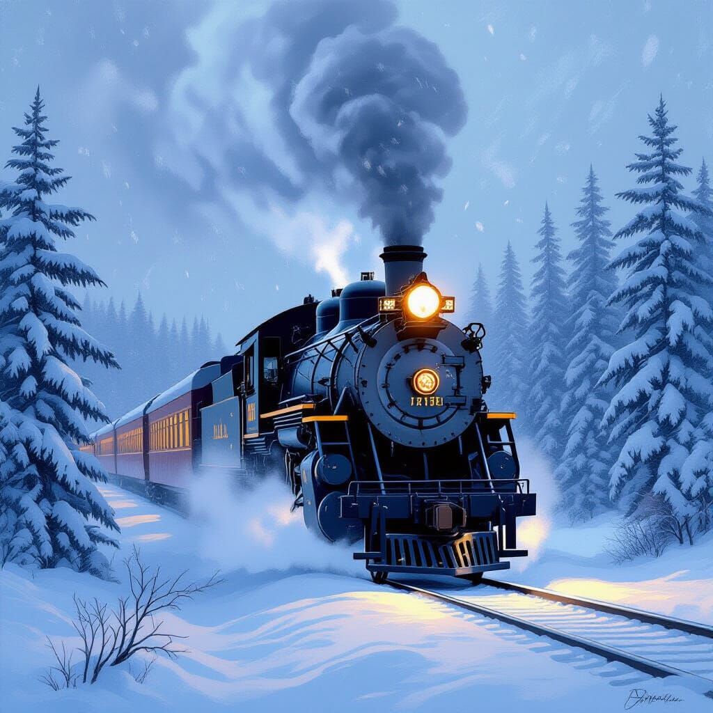 Vintage Steam Train in Blizzard, Nostalgic Americana Style