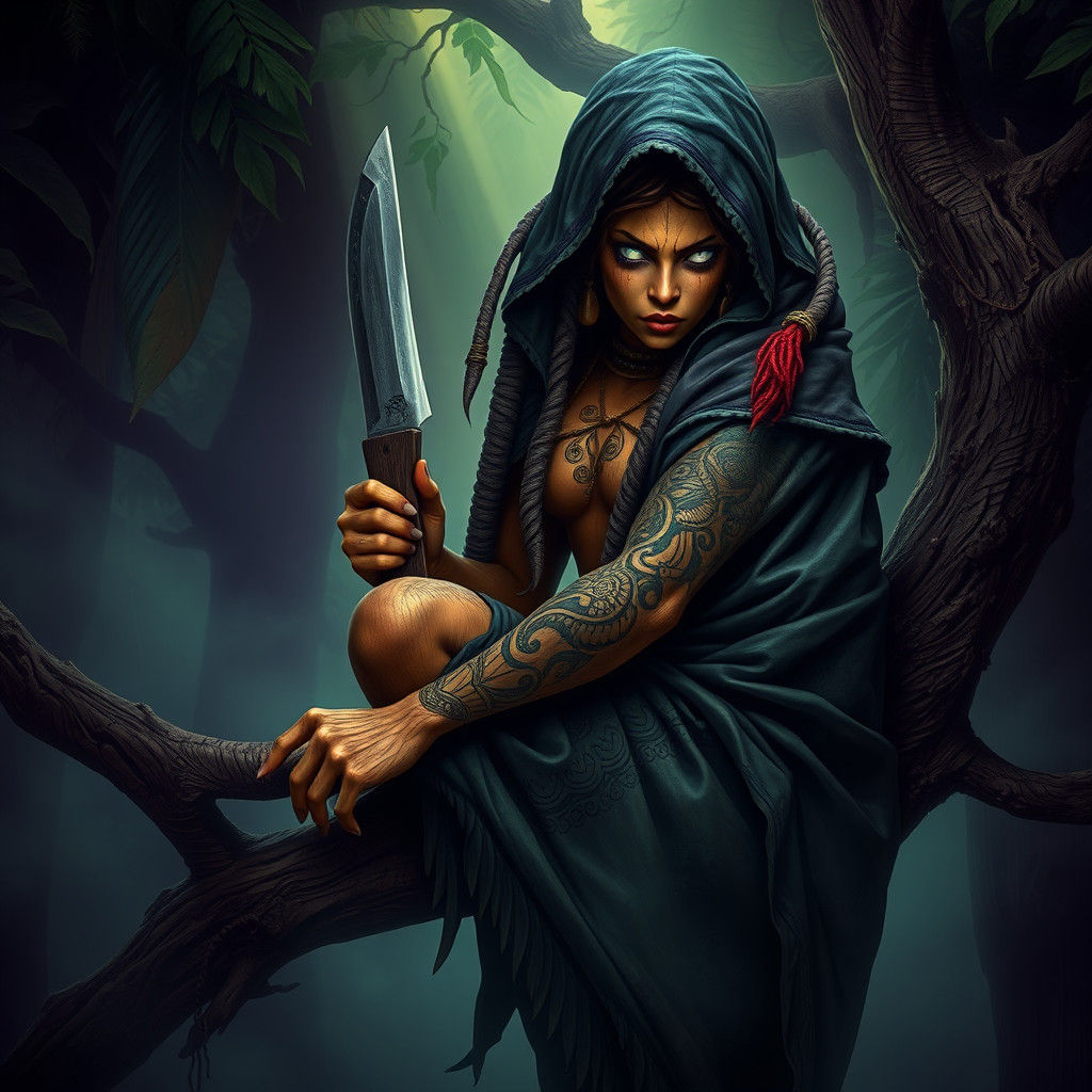 Wooden Spirit in Emerald Rainforest, Dark Fantasy Art