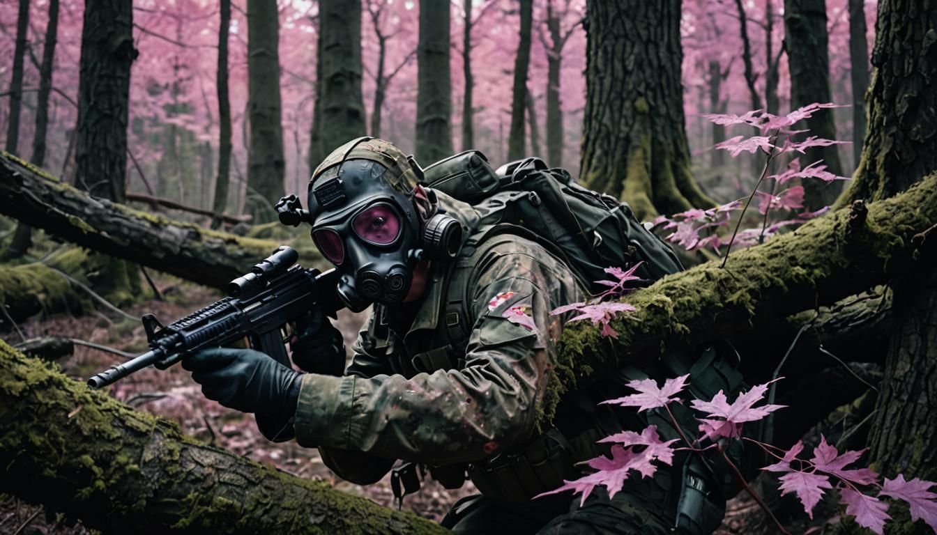Survivalist in Alien Forest: Photorealistic Film Still