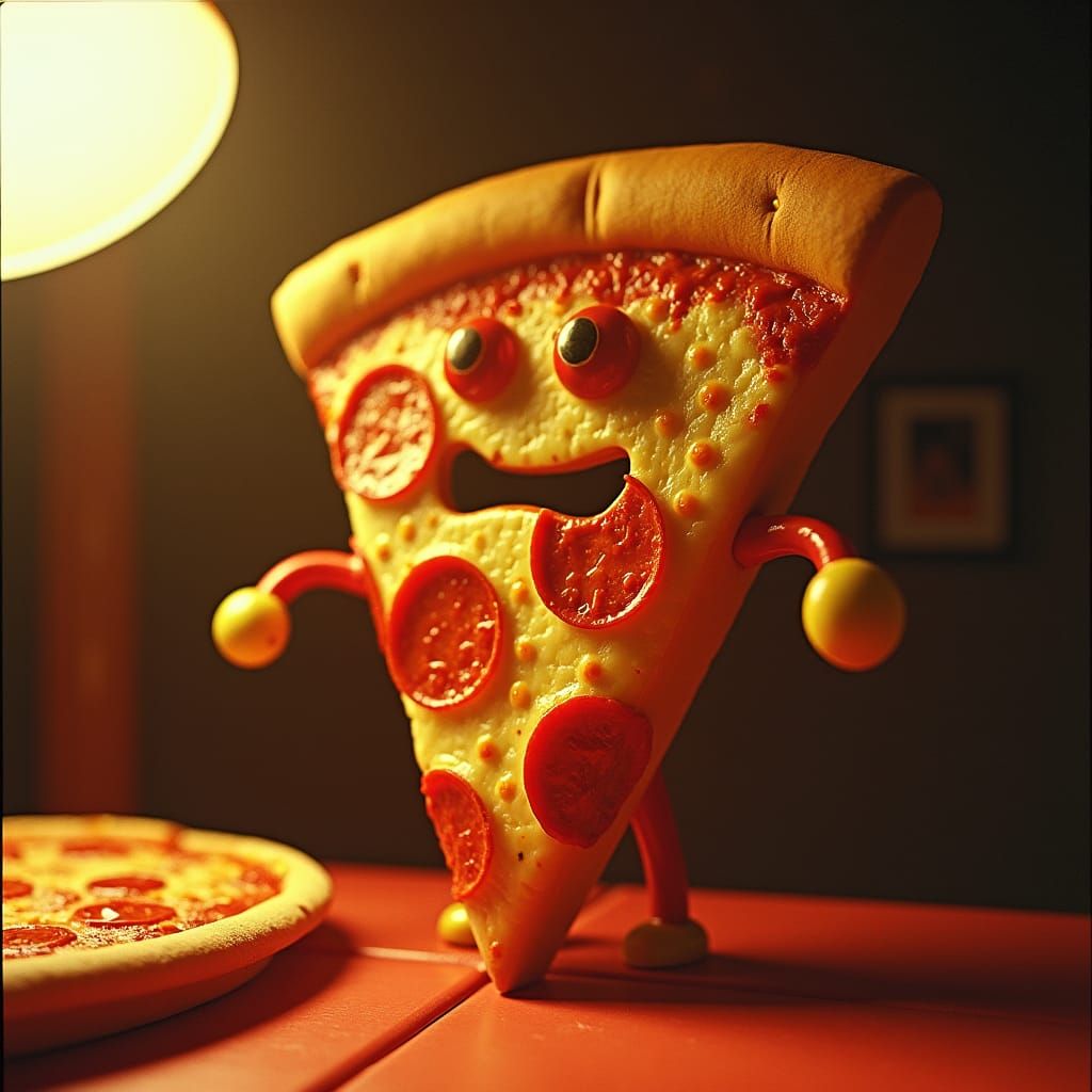 Anthropomorphic Pepperoni Slice in 1970s Film Style