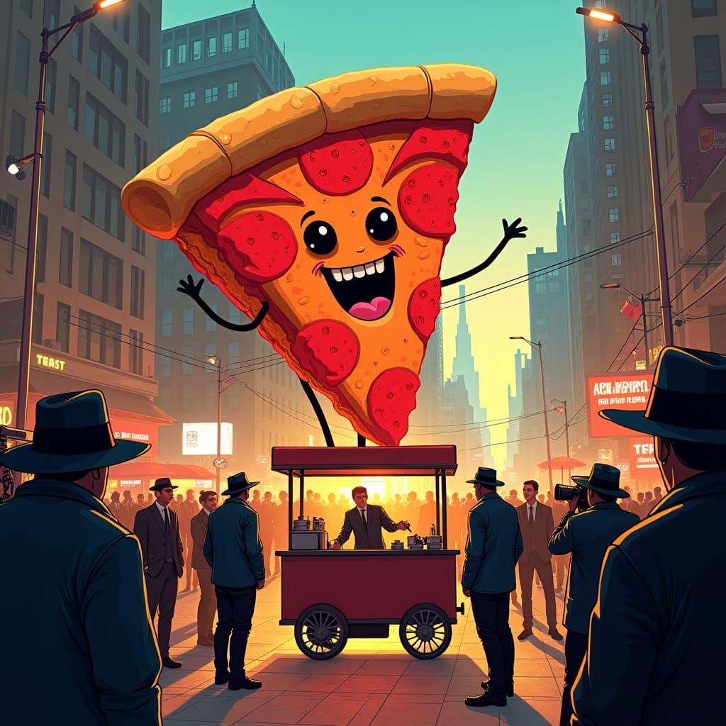 Pepperoni Slice Mobbed by Paparazzi: Neon-Noir Futurism