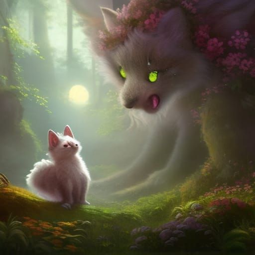 Cute Fluffy Creature Chasing Butterflies in Fantasy Landscap...