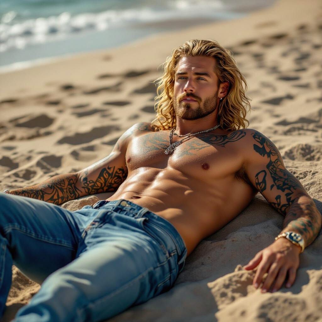 Blond Man with Tattoos on Beach
