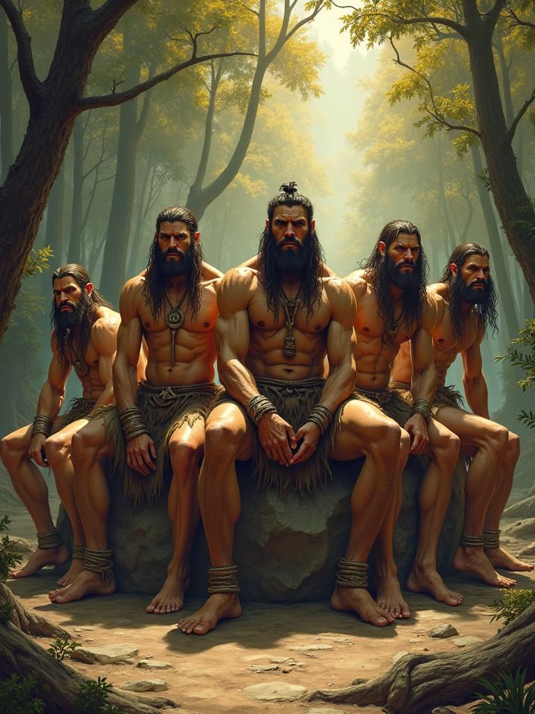 Muscular Warriors in Prehistoric Forest, Cinematic Lighting