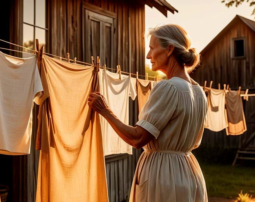 1920s Woman Hanging Laundry on Farmhouse Clothesline