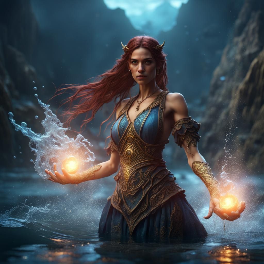 Fantasy Sorceress Casting Water Magic Art