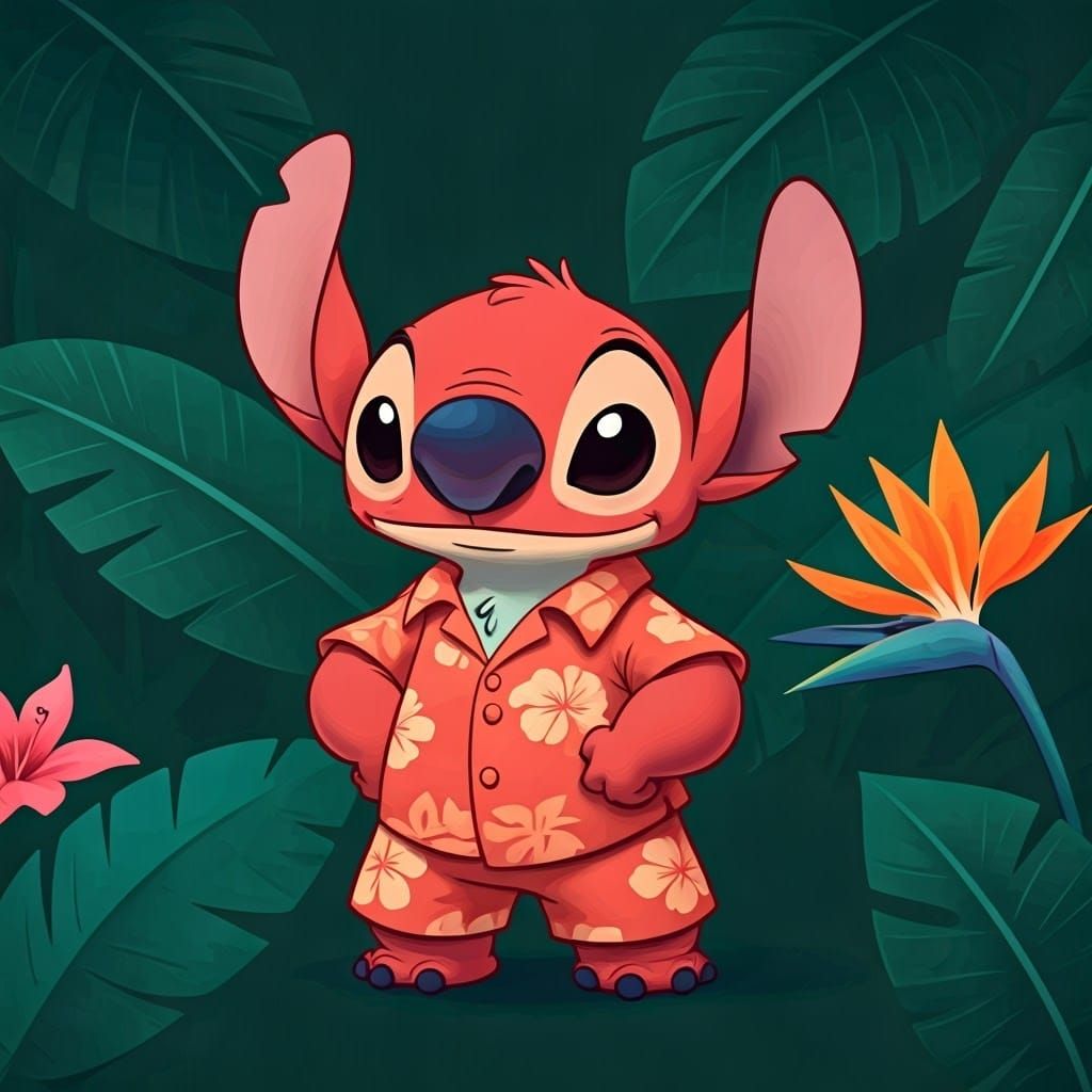 Red Stitch in Hawaiian Shirt, 2D Animation Style