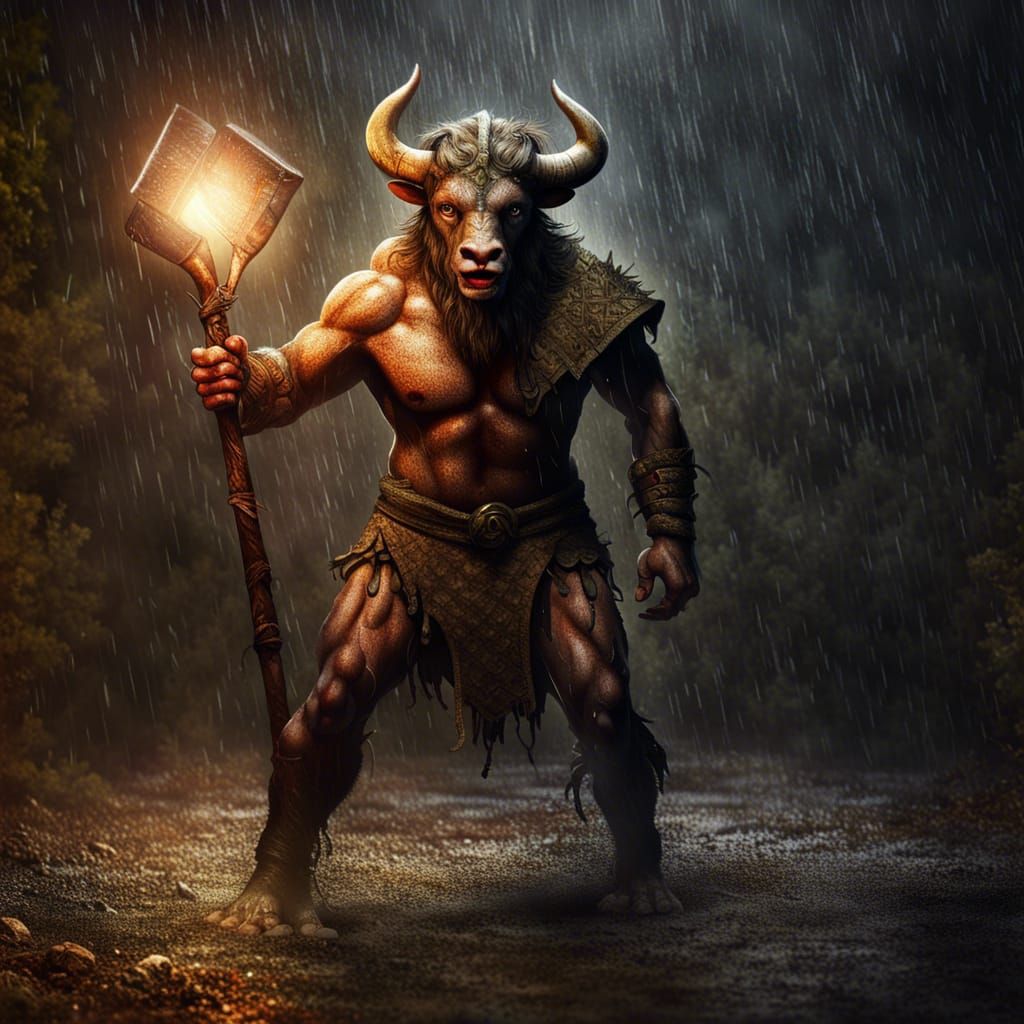 A Minotaur in the heavy rain holding an axe to ward off intruders