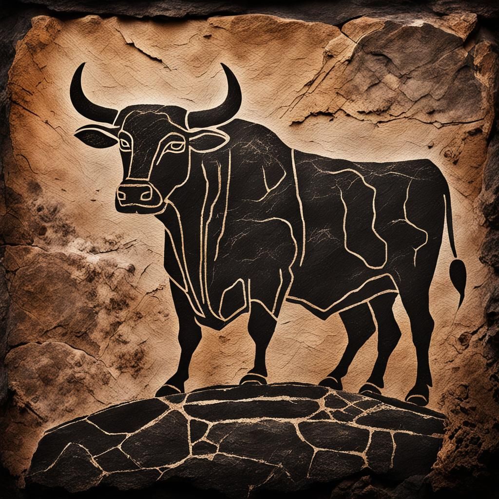 Bronze Age Bull Petroglyph on Weathered Stone Slate