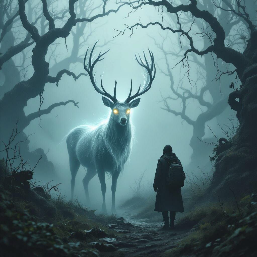 Ghostly Deer Guides Traveler Through Misty Forest