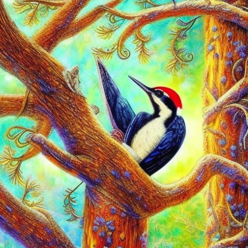 Woodpecker in Tree, Fantasy Art Style