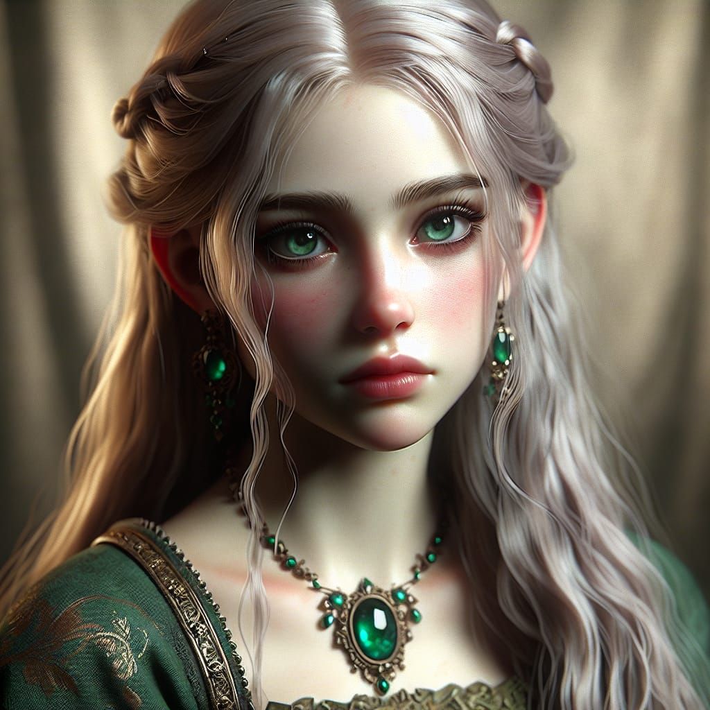 Melancholic Girl with Emeralds in Fantasy Matte Painting