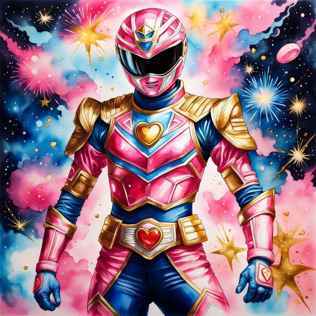 Feminine Power Ranger in Watercolor with Nebula Backdrop