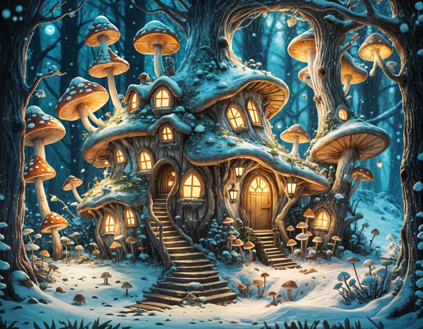 Enchanted Winter Village in Bioluminescent Forest