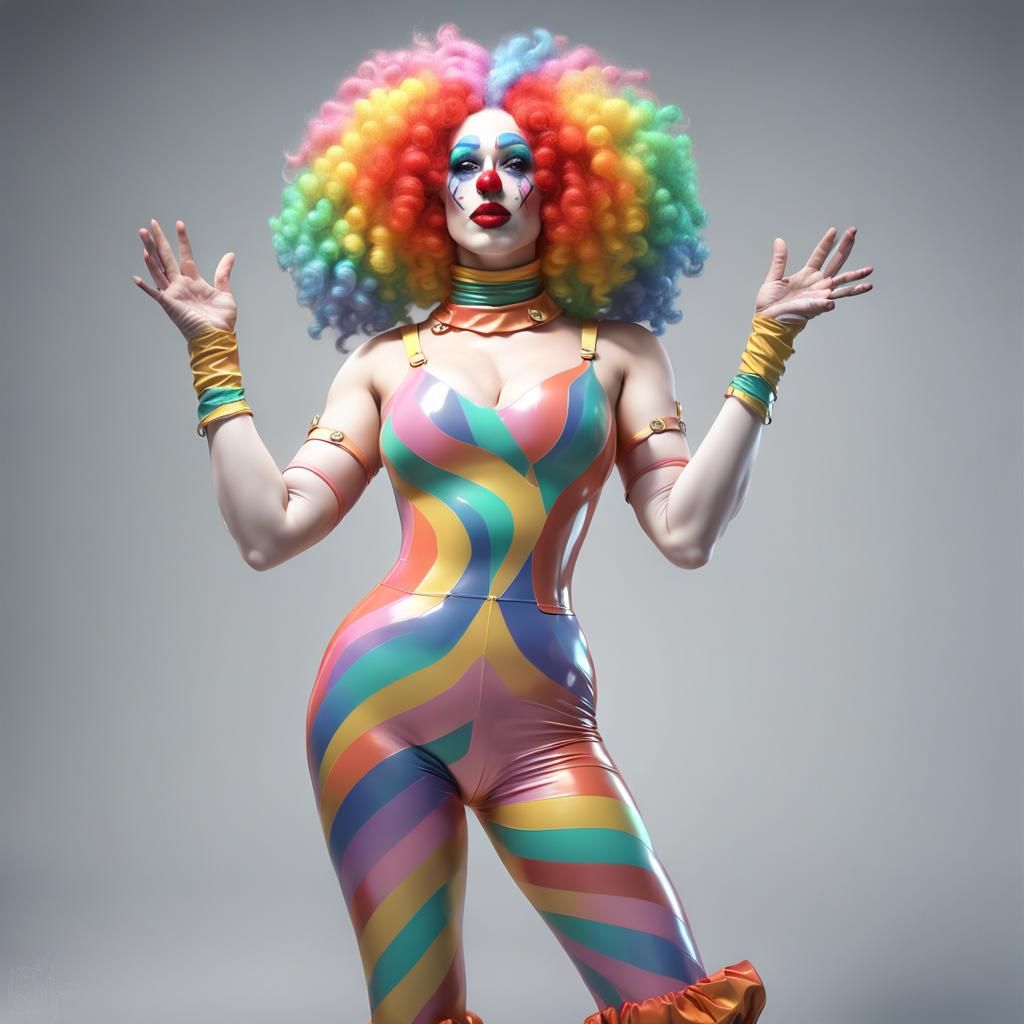 Clown with Rainbow Hair in Latex Bodysuit, Fantasy Art