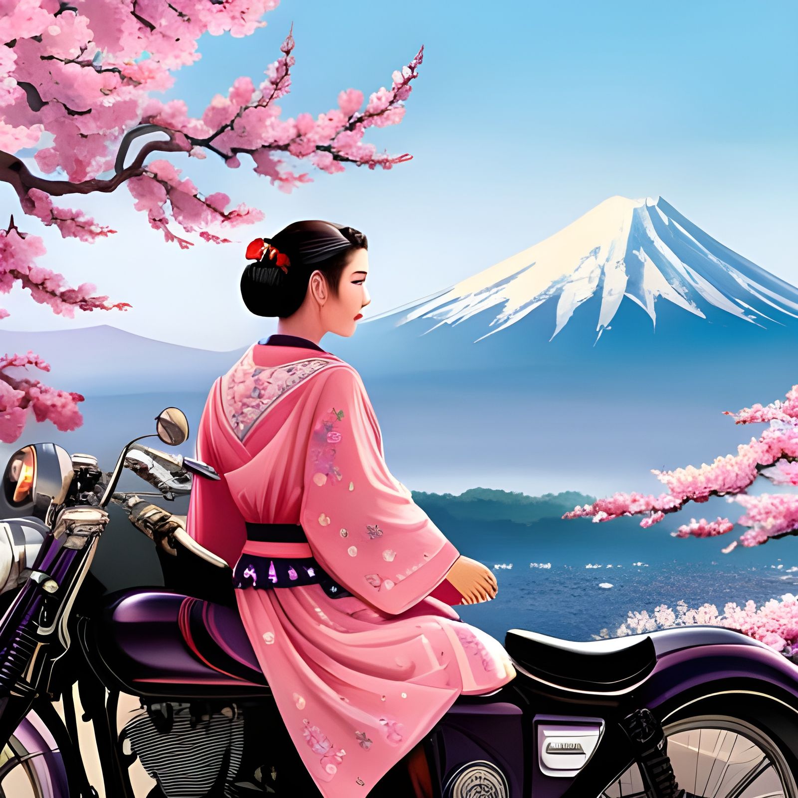 Japanese geisha in traditional cloths sittin, mg on a motorcycle Honda CB 750