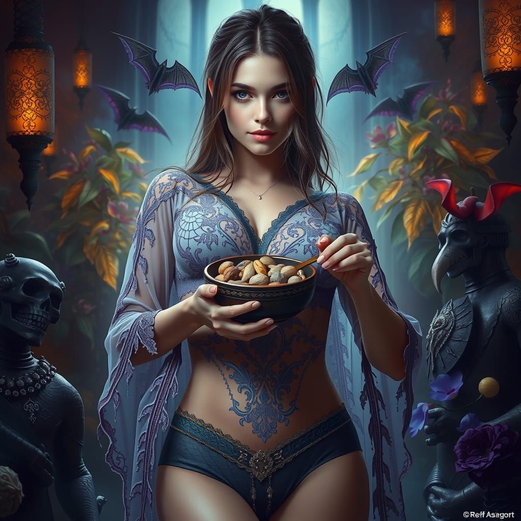 Woman with Nuts in Dark Fantasy Style