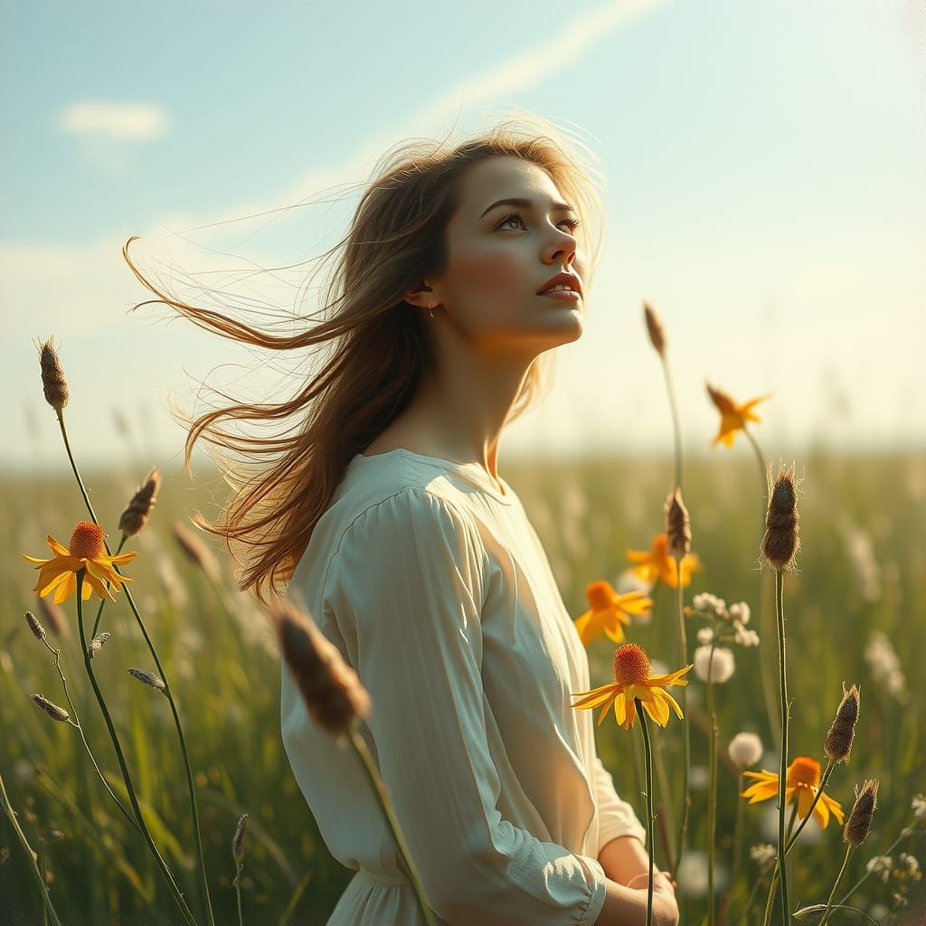 Serene Woman in Meadow, Impressionistic Realism