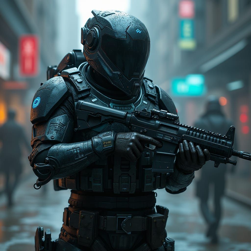Futuristic Special Forces Warrior in Cyberpunk Cityscape