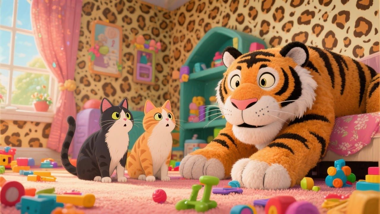 Cats Amazed by Giant Plush Tiger in Playful Room