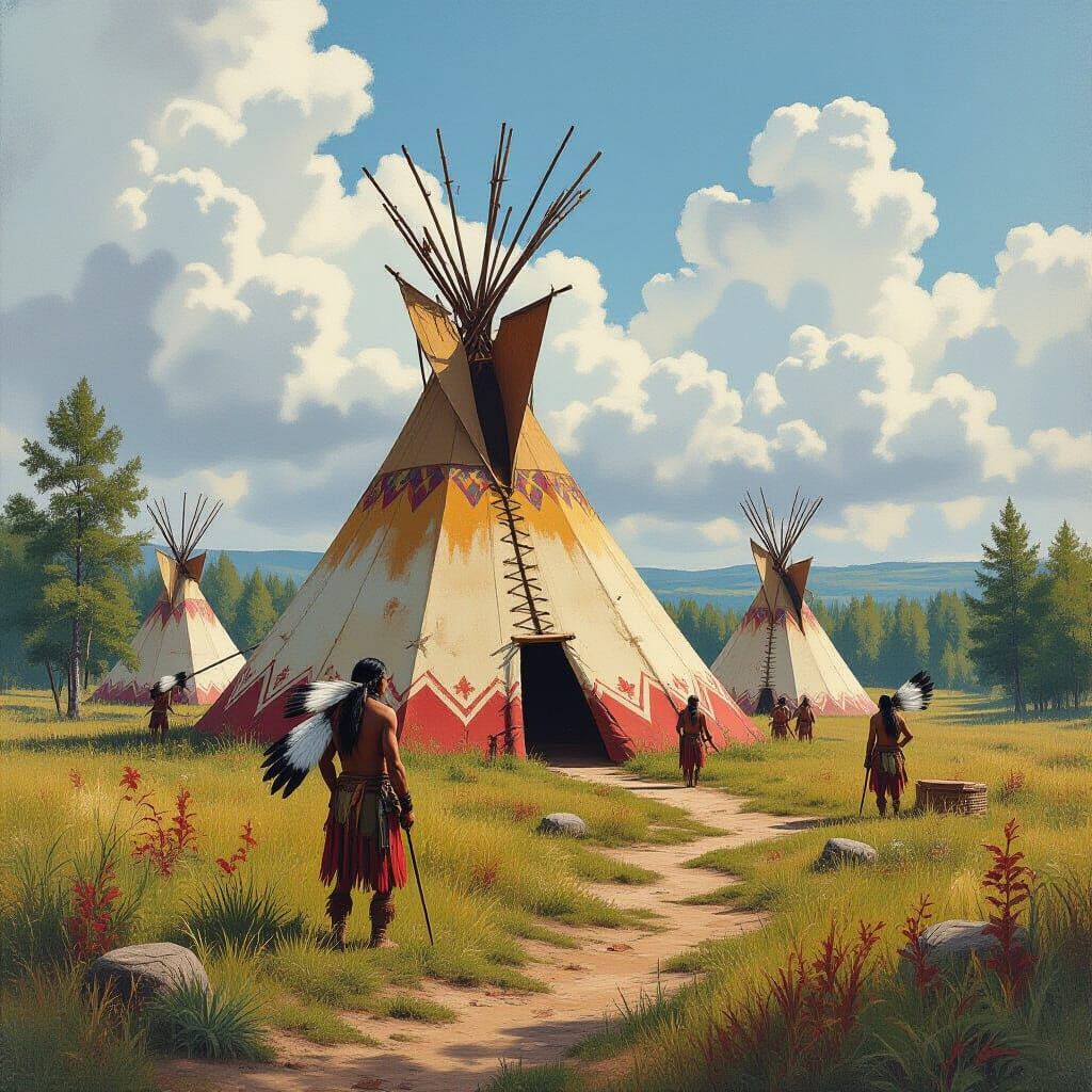 Native American Village in Grungy Oil Painting