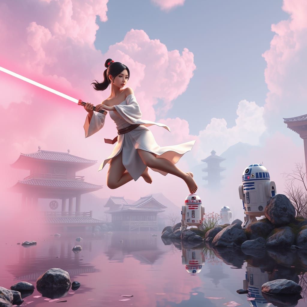 Jedi Woman Battles Robots in Edo Japan: 3D Anime Art