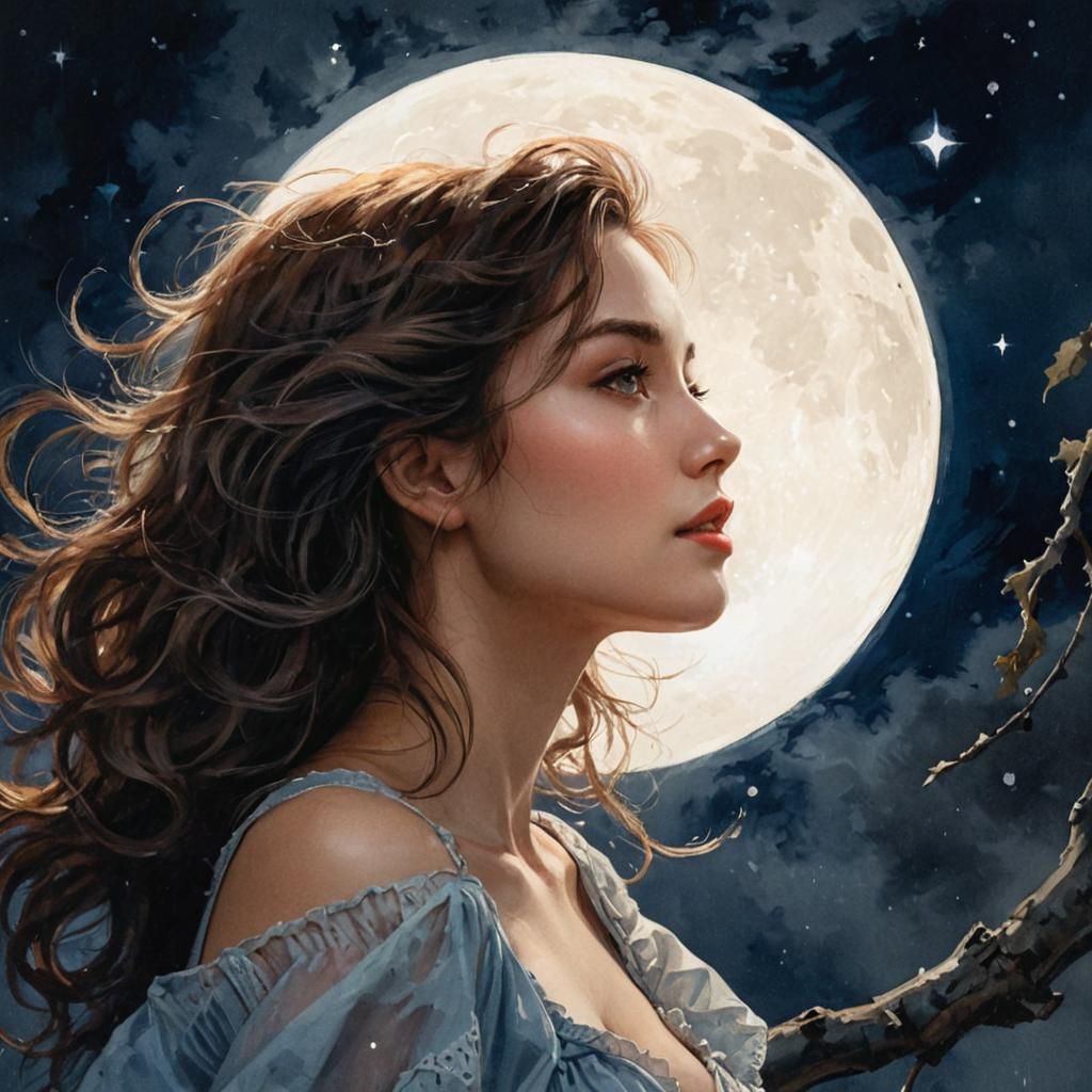 Beautiful Woman Bathed in Soft Moonlight