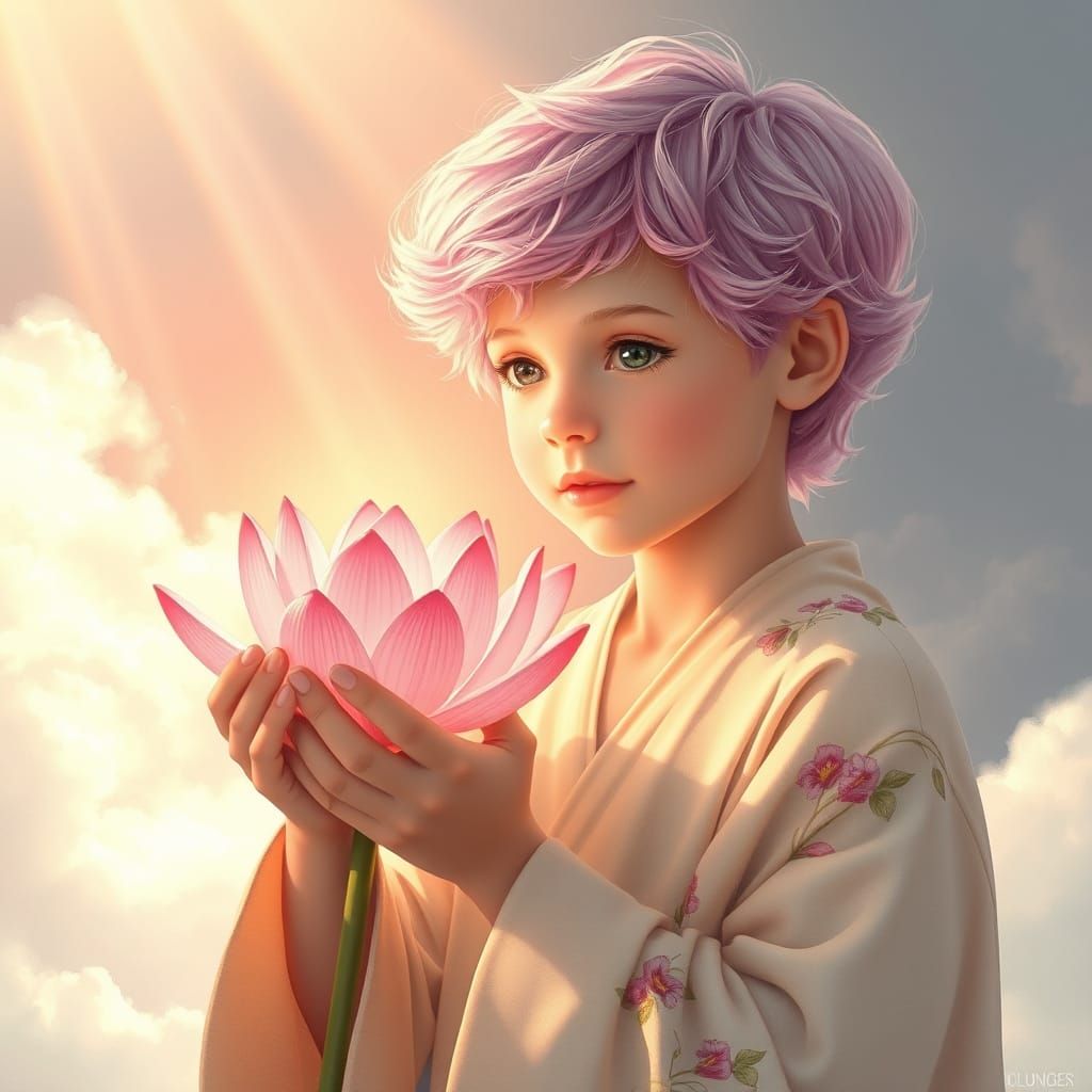 Dreamy European Boy in Pastel Pink Hair with Floral Robe and...