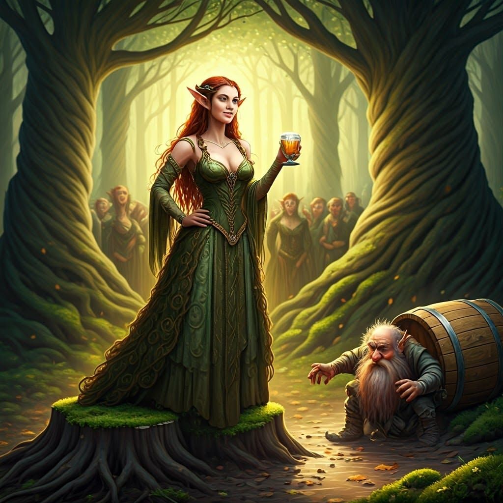 Elegant Elf Maiden Toasts with Golden Mead in Whimsical Fore...
