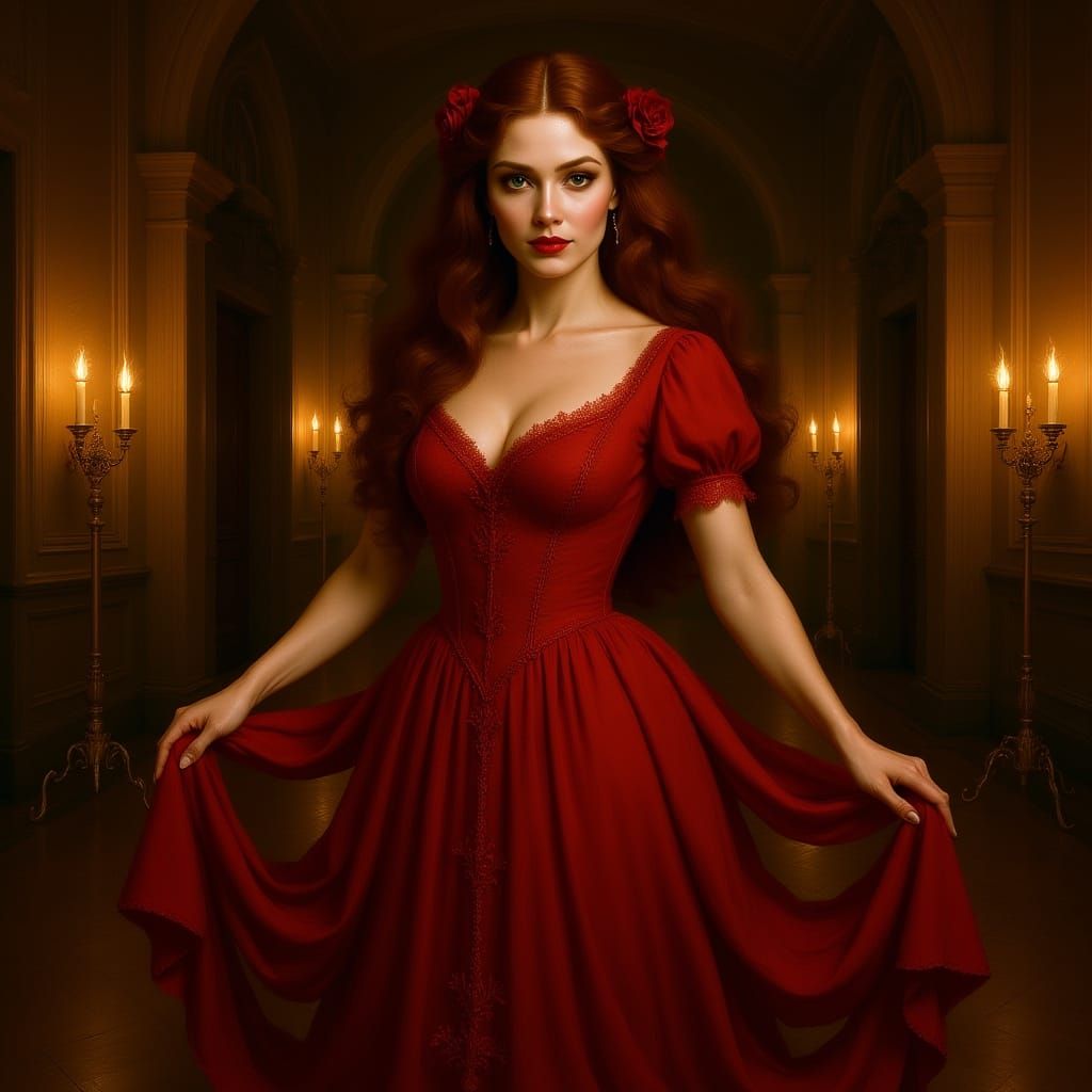 Woman in Red Gown, Inspired by Sargent and Caravaggio