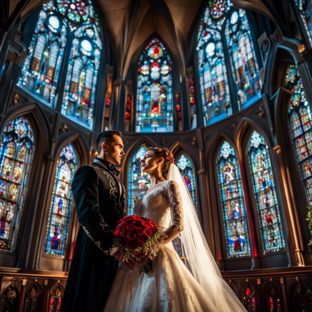 Gothic Vampire Wedding in Church: Hyperrealistic AI Art