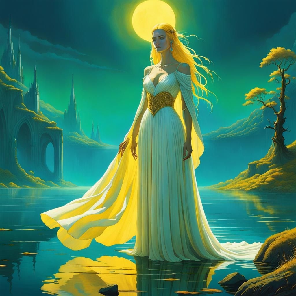 Synthwave Lady of the Lake in Ink Painting Style