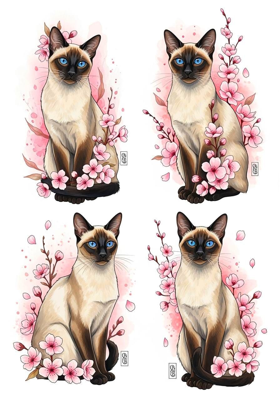 Elegant Siamese Cats Flash Tattoo Sheet in Mixed Media