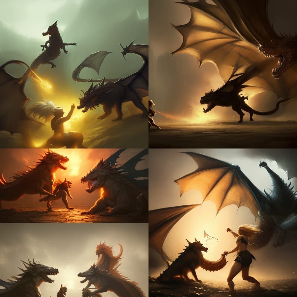 Fantasy Dog and Girl Fight Dragon, Hyperdetailed Art