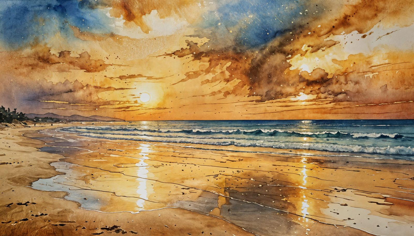 Golden Sunset Beach in Watercolor Style
