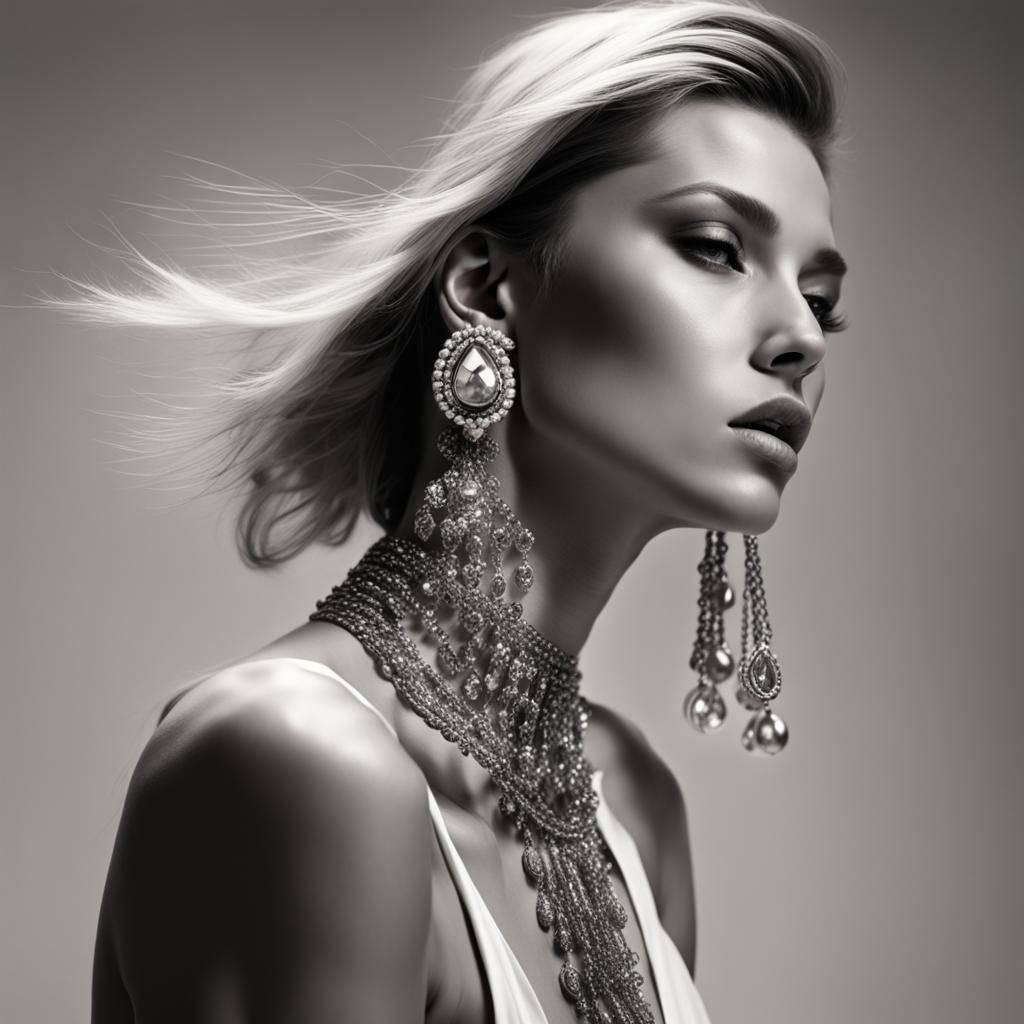 "editorial fashion shoot, model, portrait, monochrome, profile, blurred motion, motion blur, chromatic aberration, jewel...