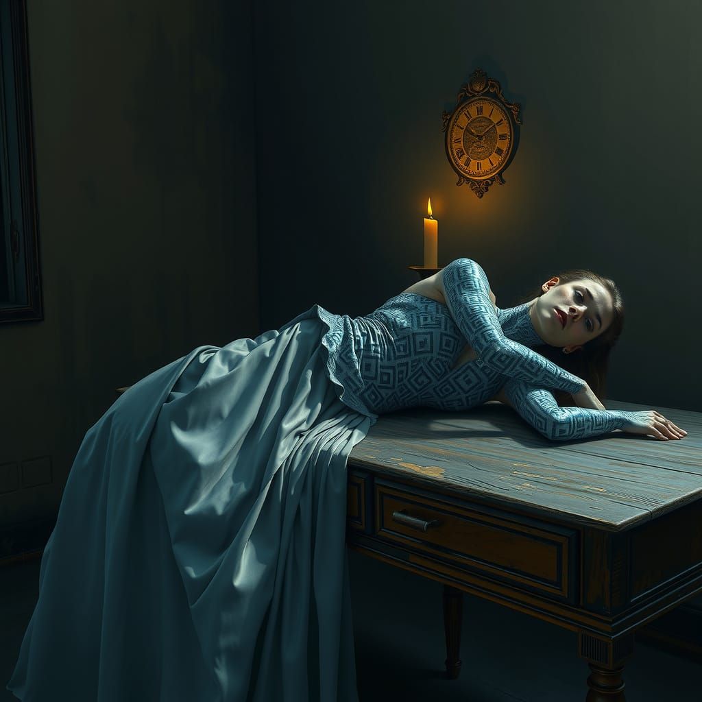 Serene Surrealist Goddess in Abandoned Study