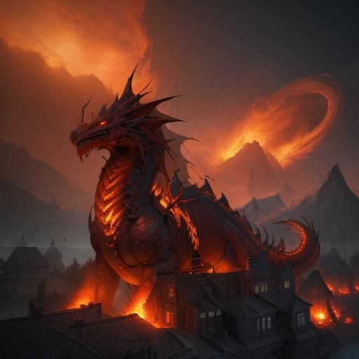 Fire Dragon Burning Houses in Detailed Digital Art