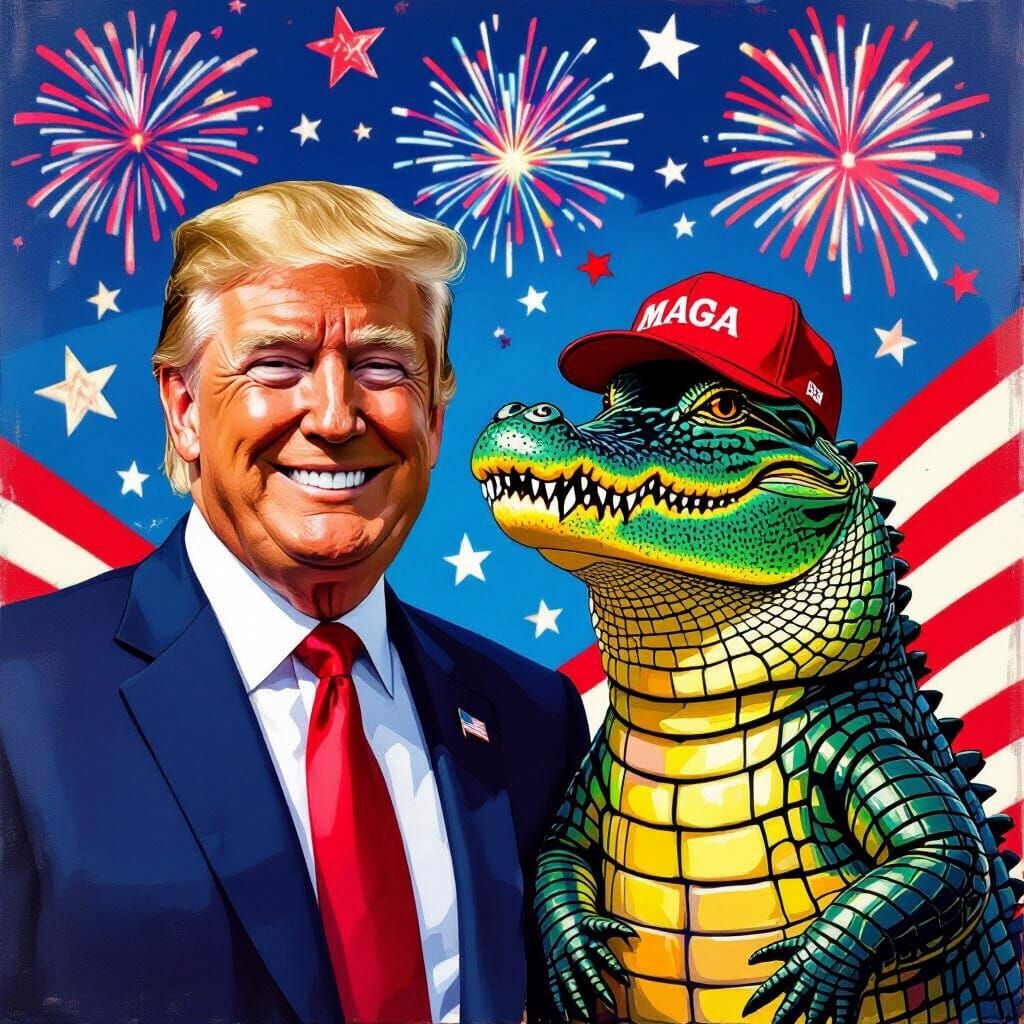 Trump and Alligator Celebrate July 4th in Pop Art Style