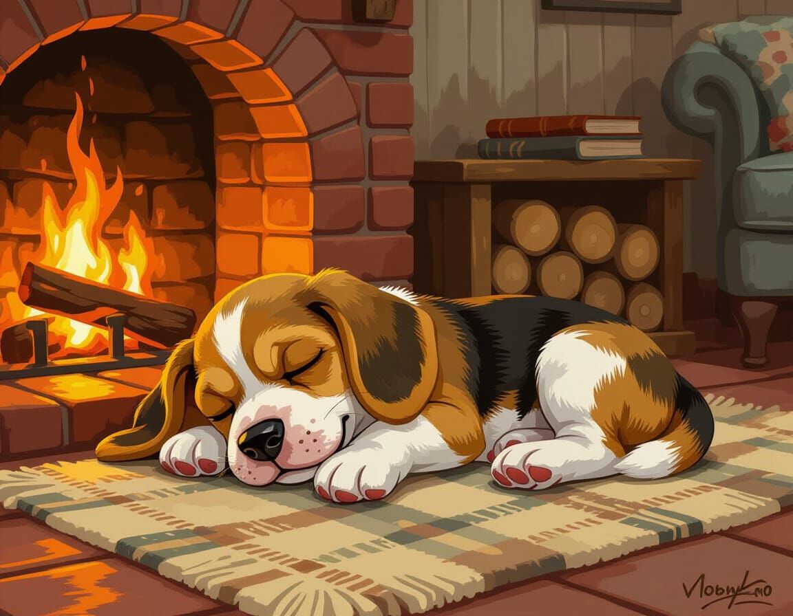 Beagle Puppy Sleeping: Impasto Oil Painting