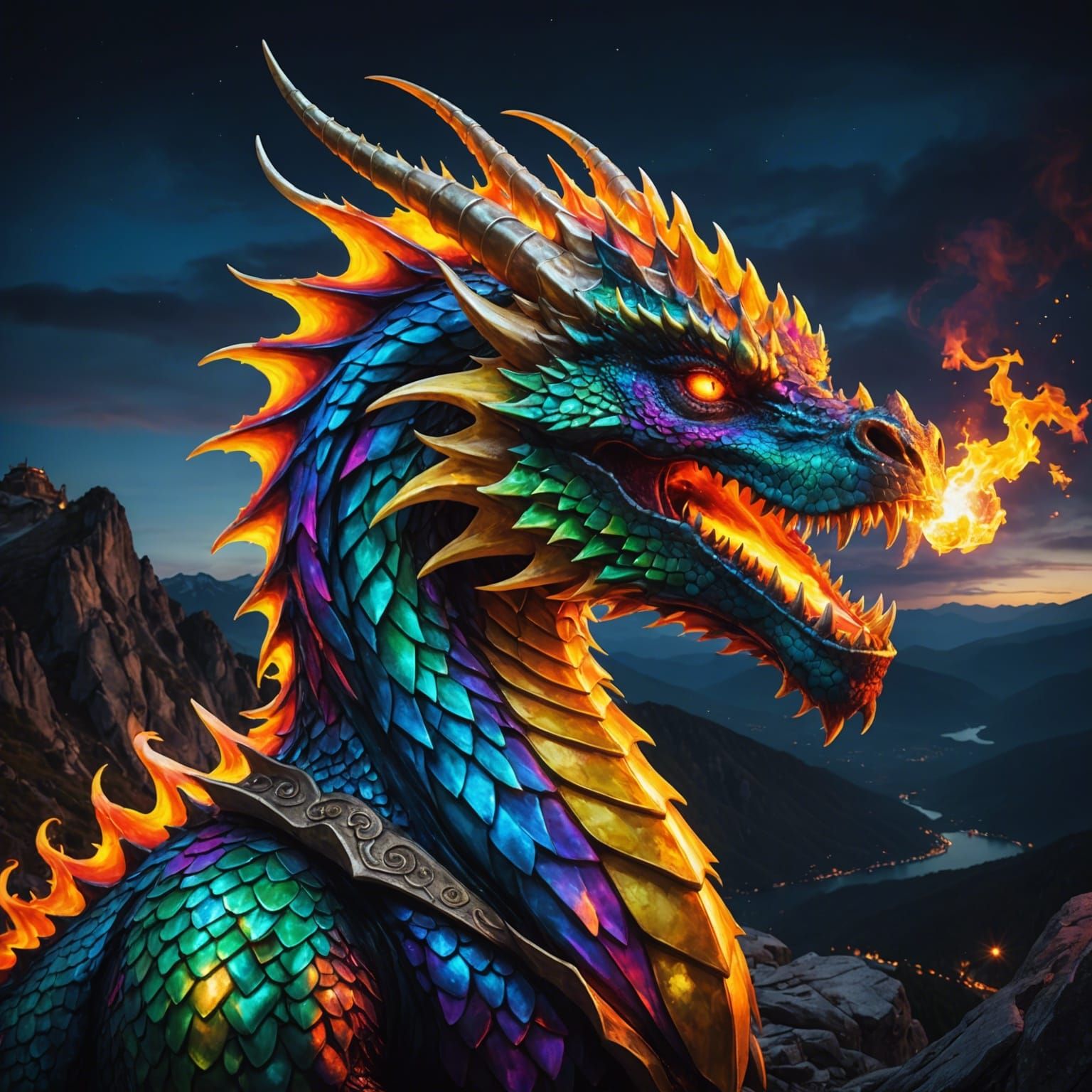 Fiery Dragon Portrait on Mountain Peak