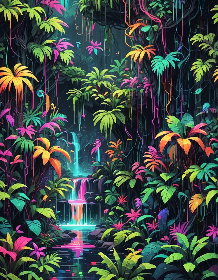 Vibrant Digital Jungle with Pixelated Creatures