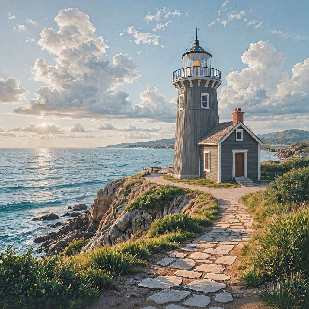 Grey Lighthouse with White Trim on Tropical Island Plateau