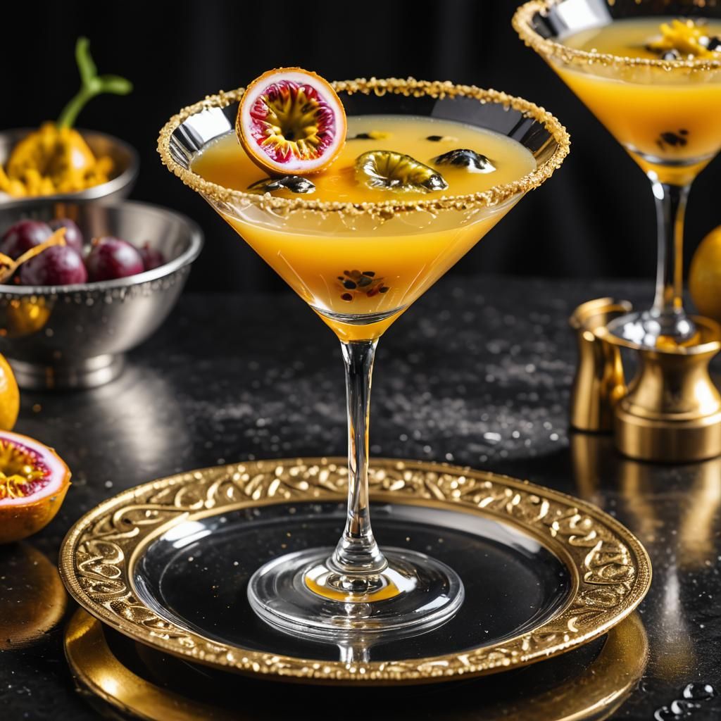 Passion Fruit Martini in Crystal Glass, Hyperrealistic Photo