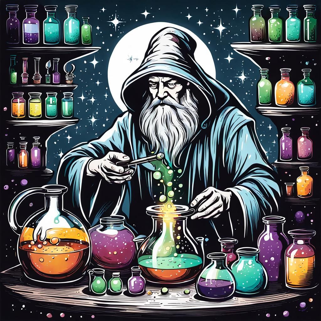 Ethereal Wizard Making Potions