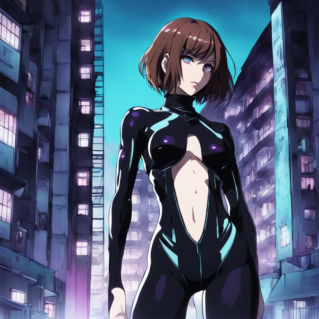 Cyberpunk Woman with Bob Haircut in Anime Style