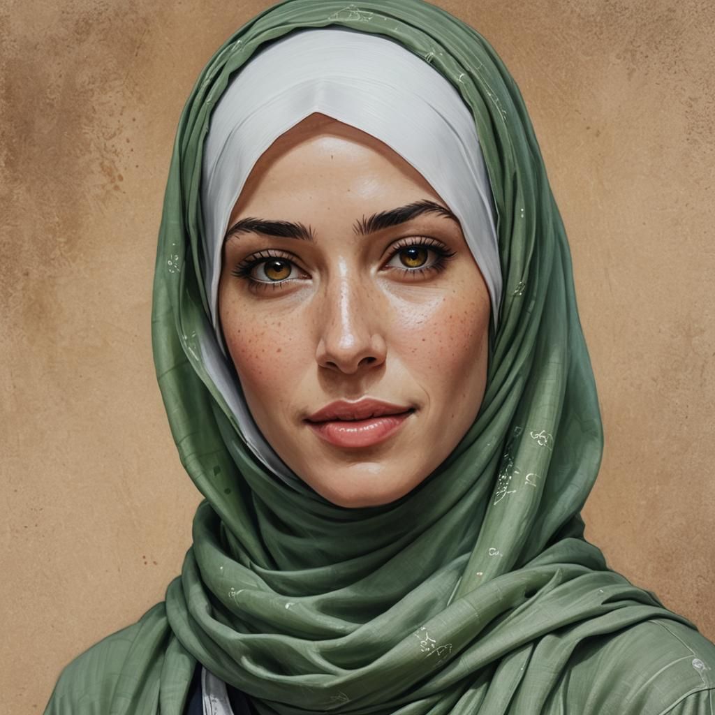 Portrait of Irish Girl with Green Hijab as Oil Painting