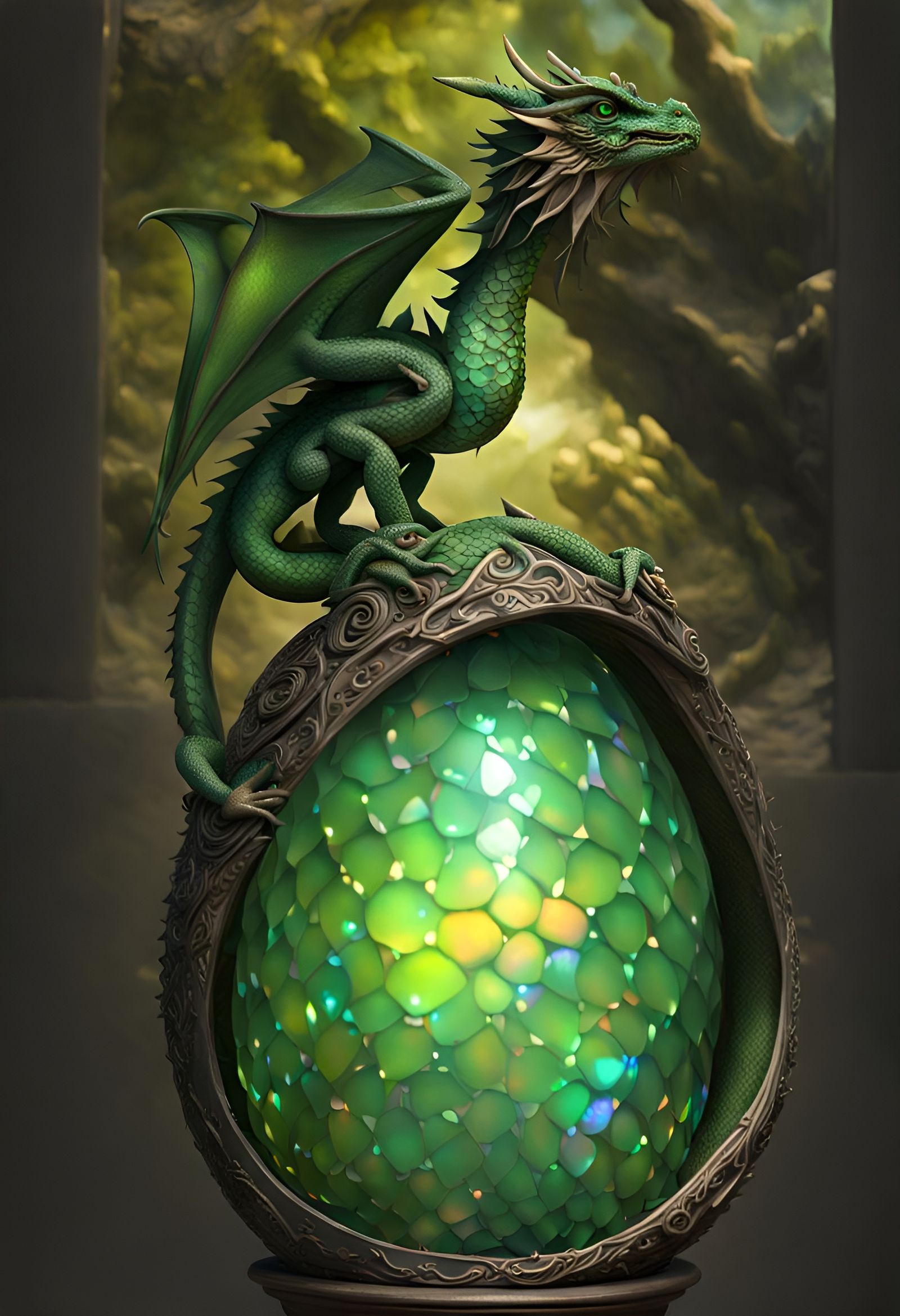 Intricate Opal Dragon Egg with Baby Green Dragon